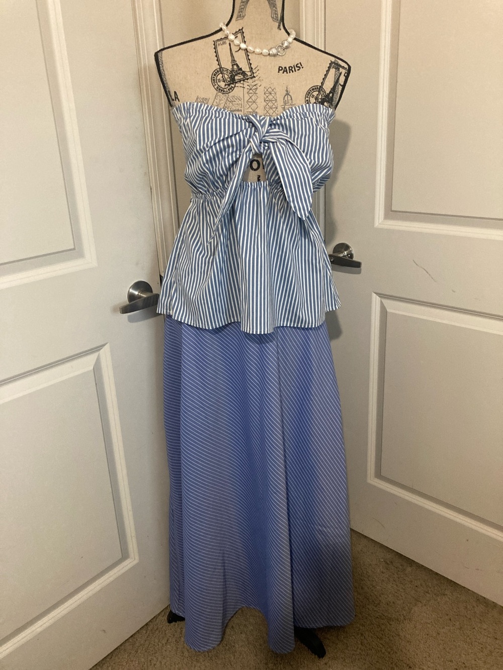 Women’s Blue Striped Tie-Front Top and Maxi Skirt 2Pc Dress